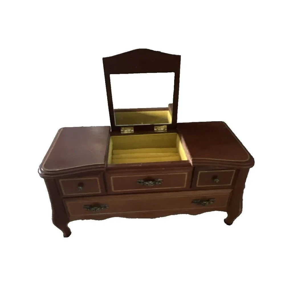 Vintage Mid Century Musical Wooden Jewelry Box, Drawers, Mirror, Velvet Lined
